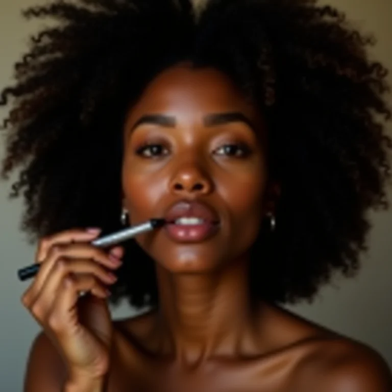 Mulher negra aplicando lápis de boca MAC.