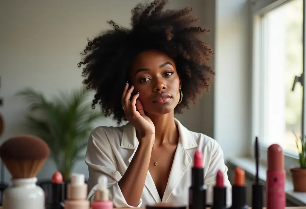 Maquiagem para revenda: evite estes 3 erros ao escolher fornecedores Mulher negra aplicando maquiagem, representando a escolha de fornecedores de maquiagem para revenda