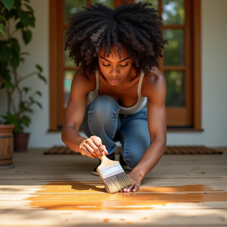 Mulher negra aplicando stain em deck de madeira