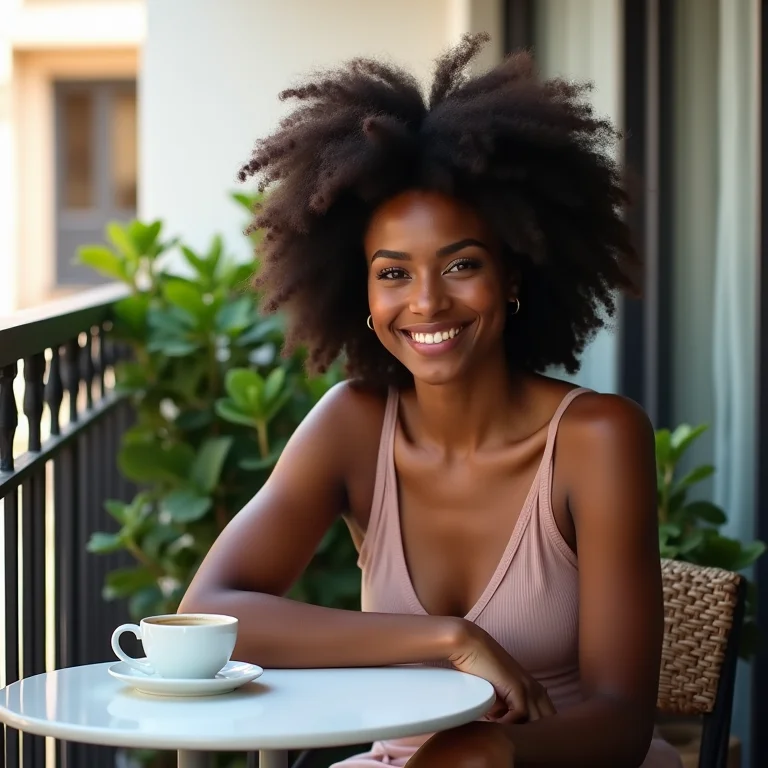 Mulher negra apreciando café em varanda moderna com mesa bistrô