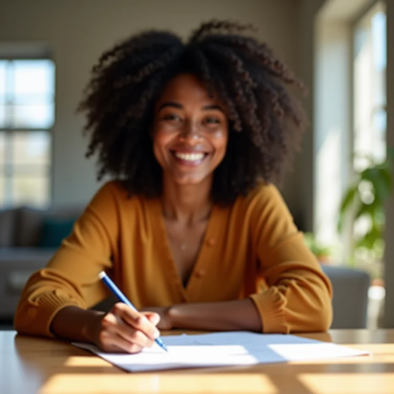 Mulher negra assinando contrato de leasing com confiança