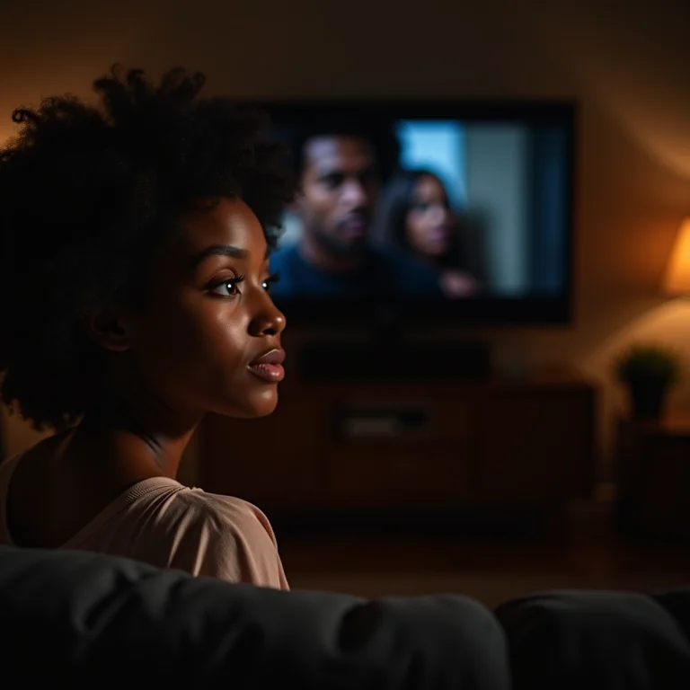 Mulher negra assistindo série de suspense sobre orfanato