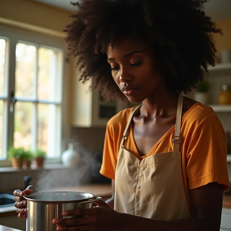 Mulher negra atenta aos detalhes do preparo do Vatapá, evitando erros comuns.