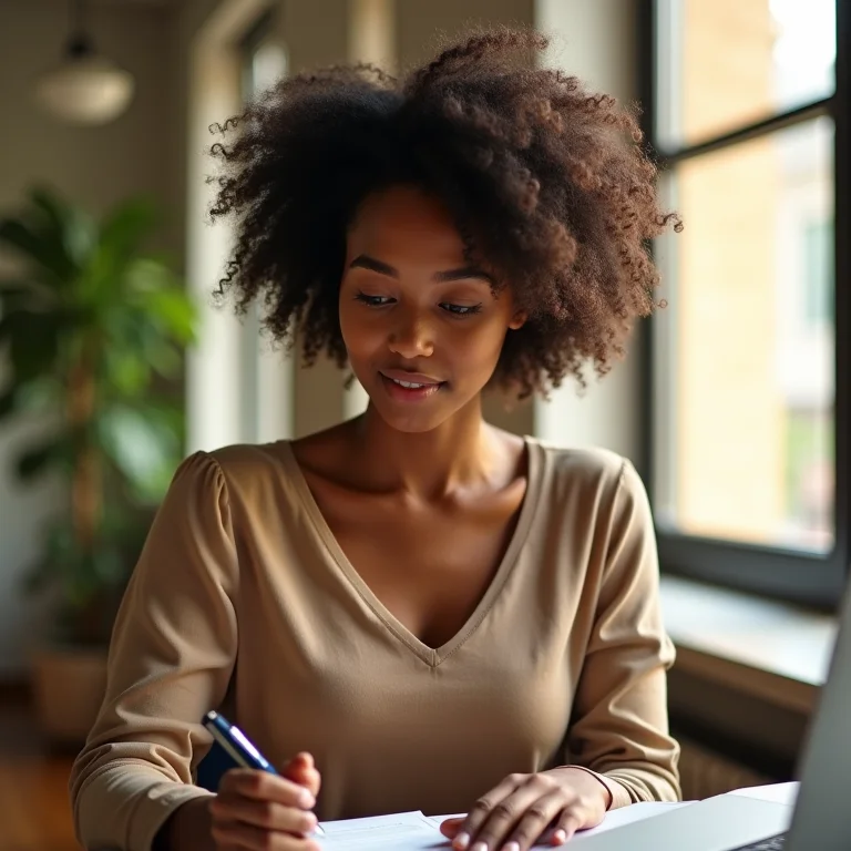 Mulher negra avaliando estratégia de negócios