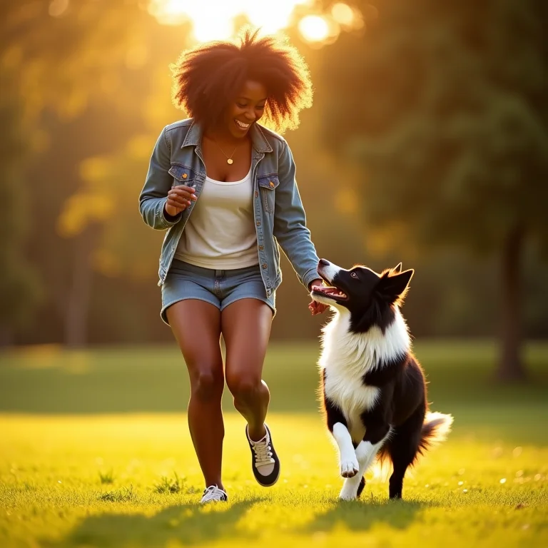 Mulher negra brincando com Border Collie macho em parque ensolarado