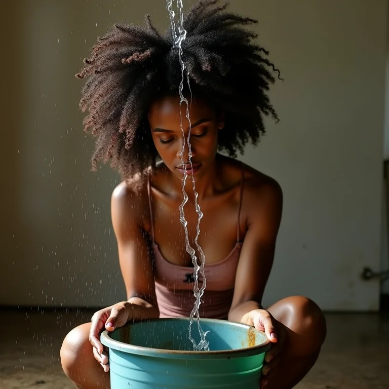 Mulher negra colocando um balde para conter goteira