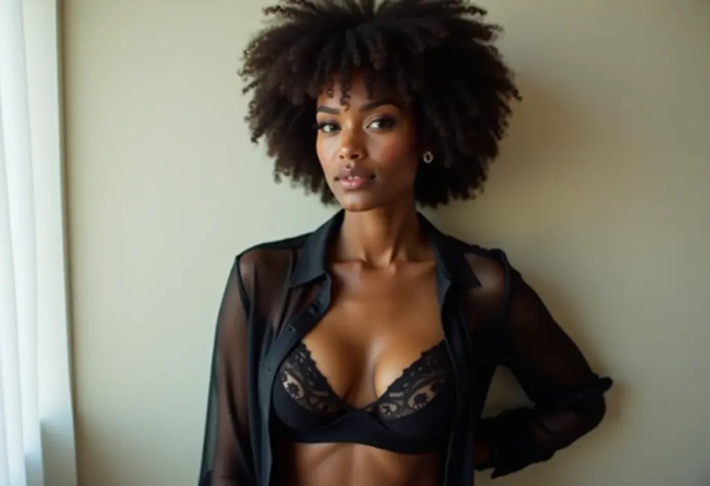 Mulher negra com blusa transparente e lingerie à mostra