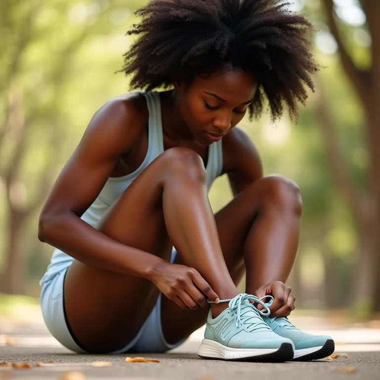 Mulher negra com cabelo cacheado amarrando o tênis antes de correr.