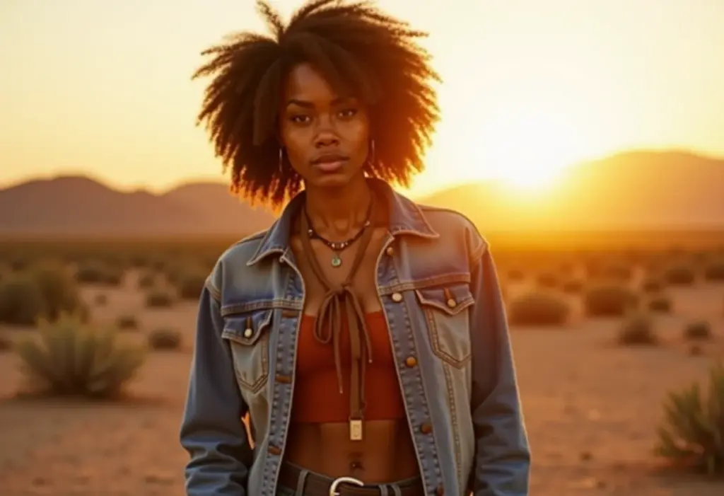 Mulher negra com cabelo cacheado e jaqueta jeans em cenário de faroeste moderno ao pôr do sol