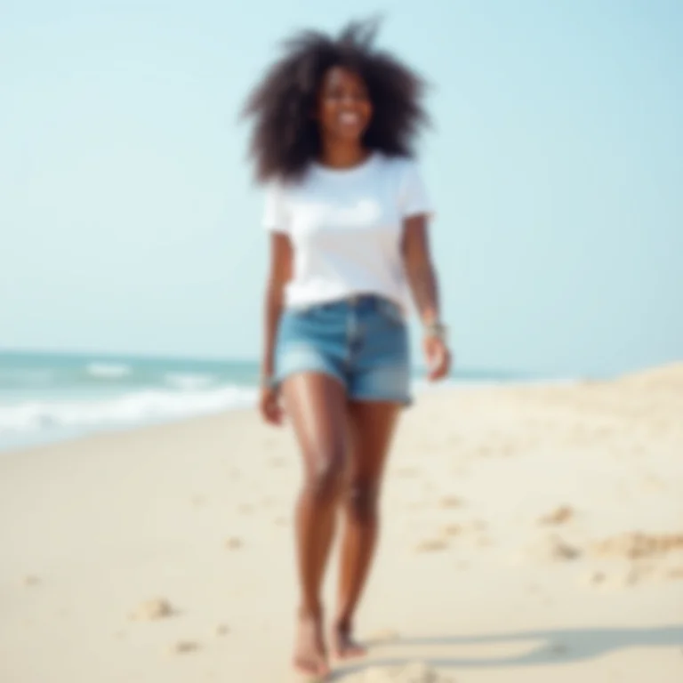 Mulher negra com cabelo cacheado em look casual despojado na praia.