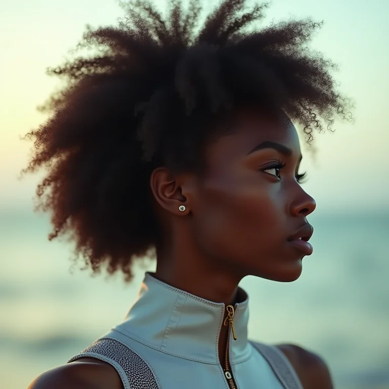 Mulher negra com cabelo cacheado em visual futurista, refletindo sobre o futuro.