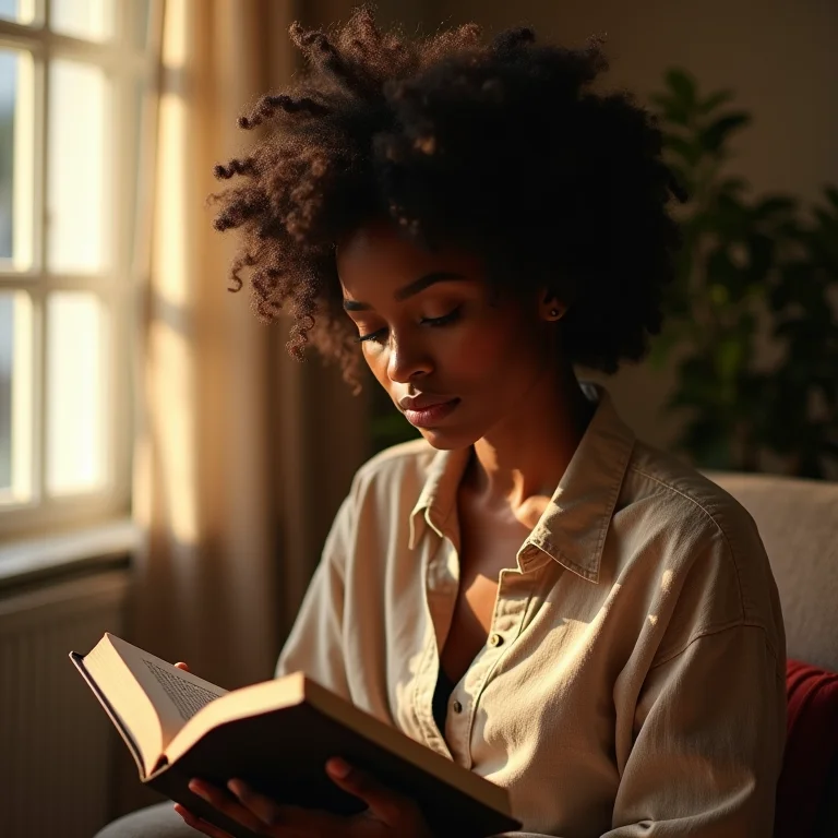Mulher negra com cabelo cacheado natural olhando pensativamente para um livro em suas mãos.