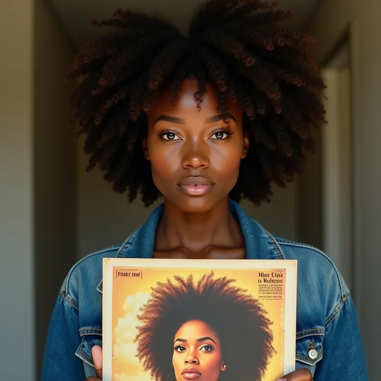 Mulher negra com cabelo cacheado segurando um pôster de filme clássico de faroeste spaghetti.