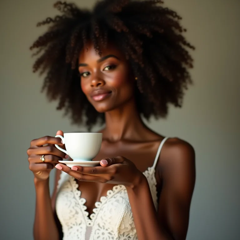 Mulher negra com cabelo cacheado segurando xícara de chá em vestido de noiva
