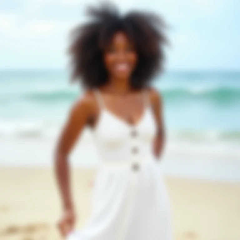 Mulher negra com cabelo cacheado usando vestido de linho branco na praia.