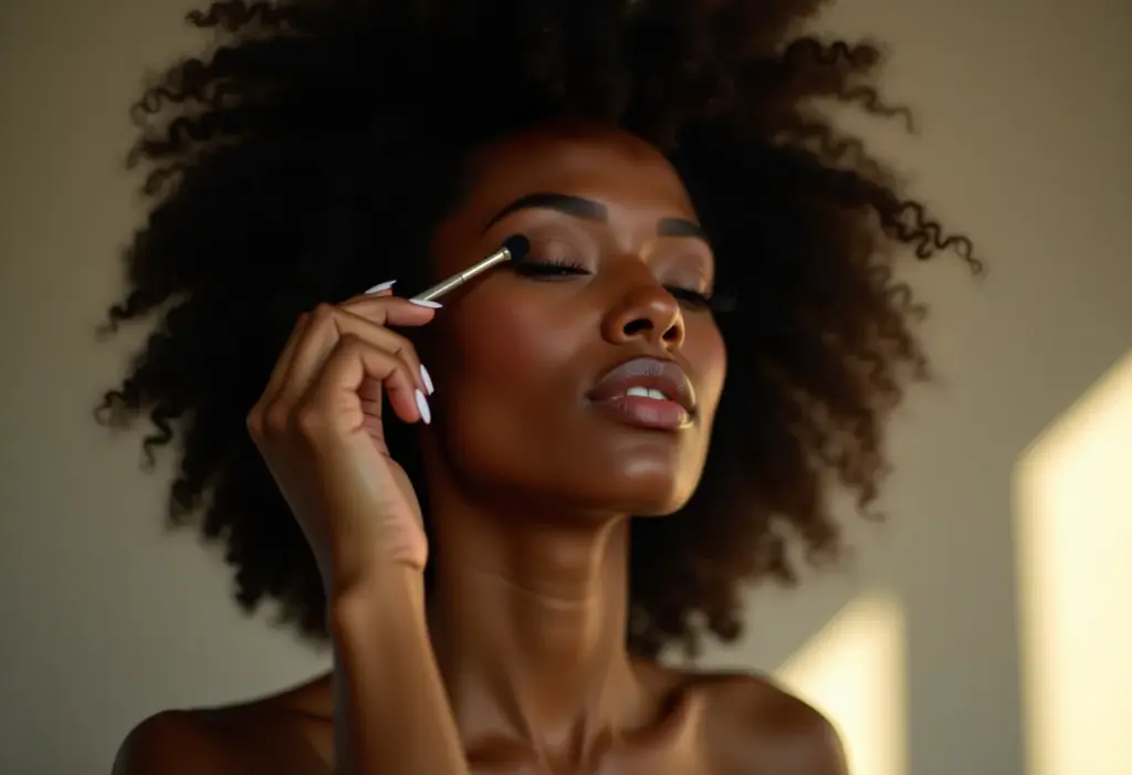 Maquiagem para pálpebra gordinha: truques que abrem o olhar Mulher negra com cabelo crespo aplicando maquiagem nos olhos
