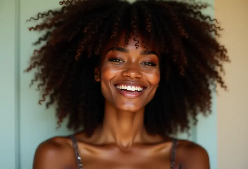Mulher negra com cabelos cacheados saudáveis e brilhantes após tratamento para cabelos com química