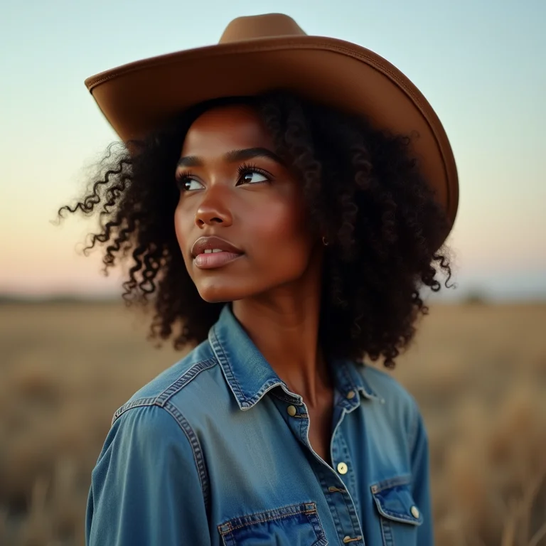 Mulher negra com chapéu de cowboy olhando para o horizonte