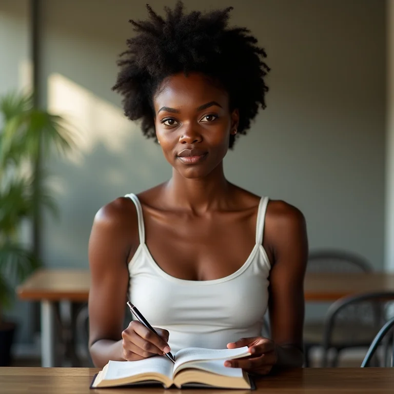 Mulher negra com expressão determinada, pronta para revelar a verdade.
