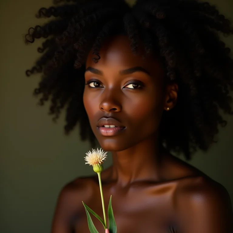 Mulher negra com expressão empática segurando uma flor murcha