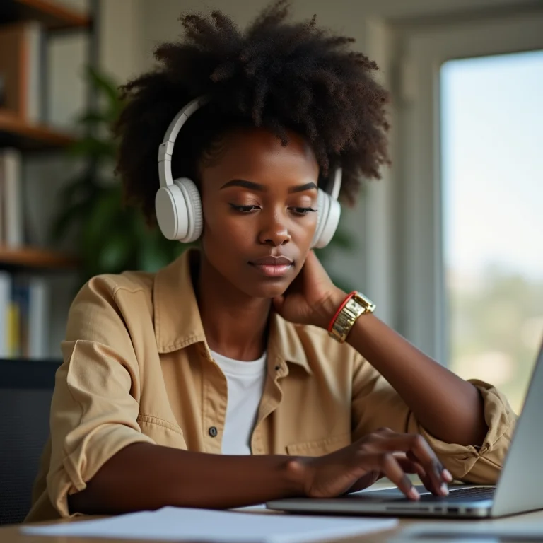 Mulher negra concentrada usando fones ANC