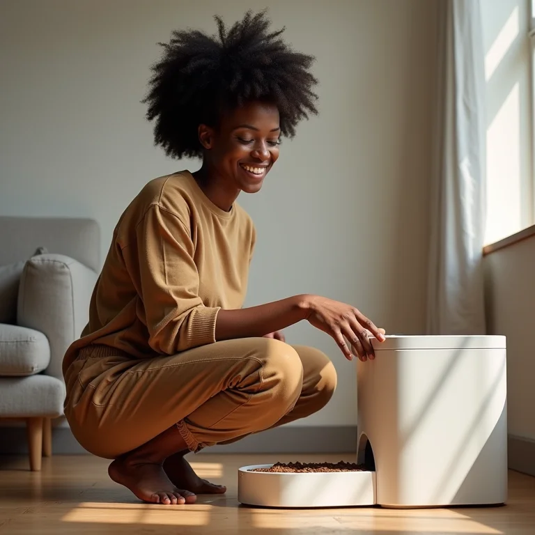 Mulher negra configurando comedouro automático Petwant