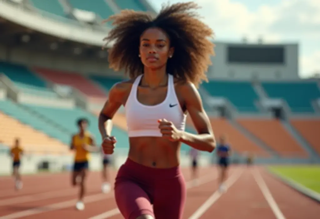 Mulher negra correndo em pista de atletismo