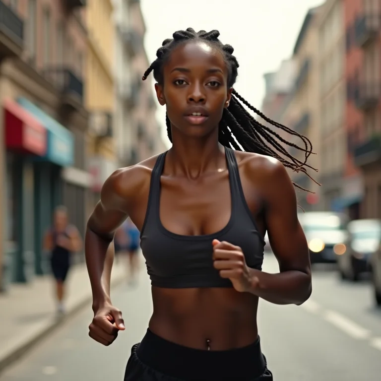 Mulher negra correndo maratona em rua da cidade