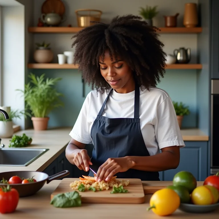 Mulher negra cozinhando em cozinha compacta com eletrodomésticos modernos