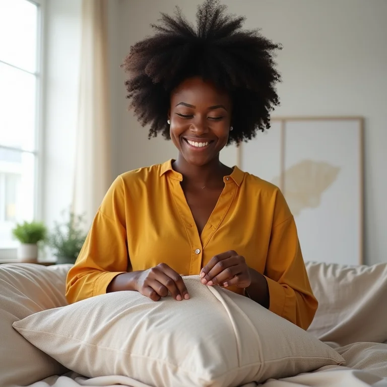 Mulher negra criando capa de almofada sem costura.