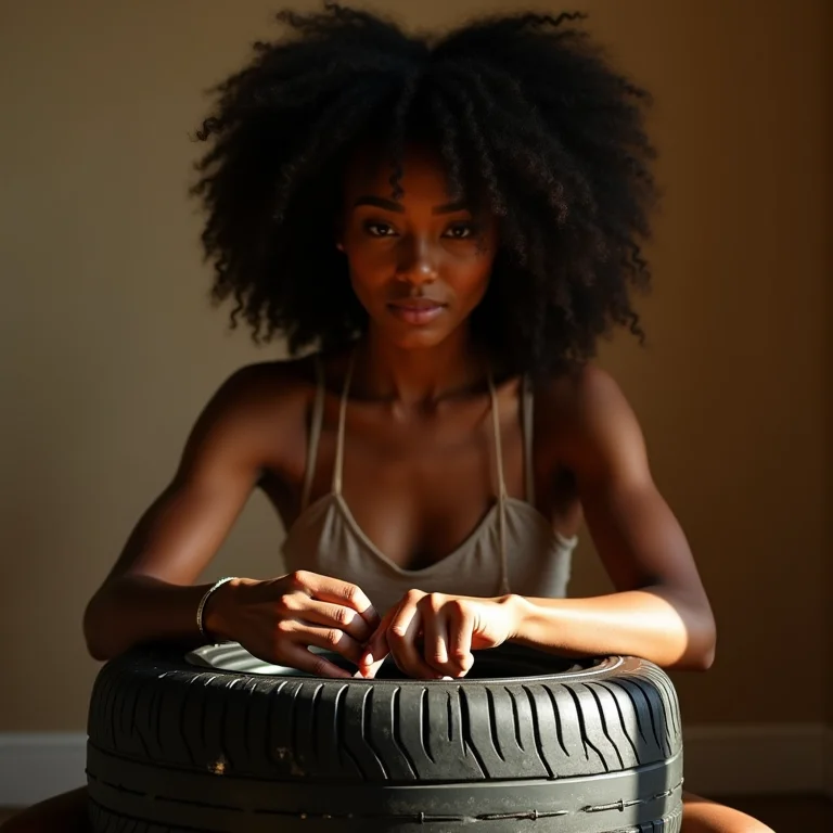 Mulher negra criando puff de pneu reciclado