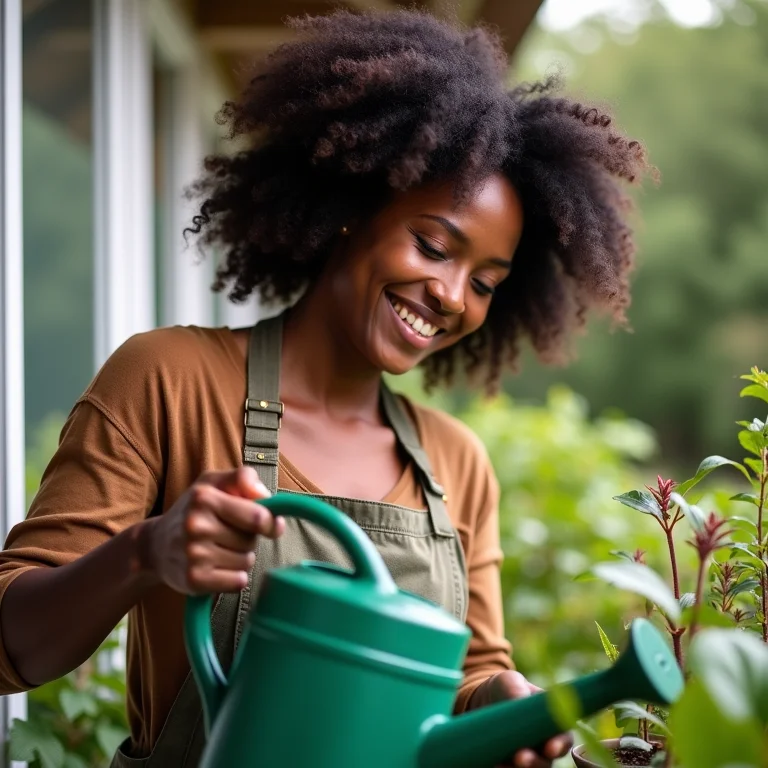Mulher negra cuidando de suas plantas em uma varanda ensolarada.