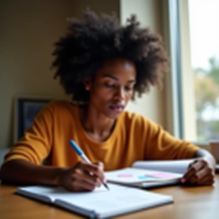 Mulher negra de cabelos cacheados estudando com flashcards.