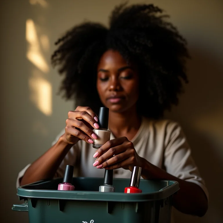 Mulher negra descartando esmaltes vencidos