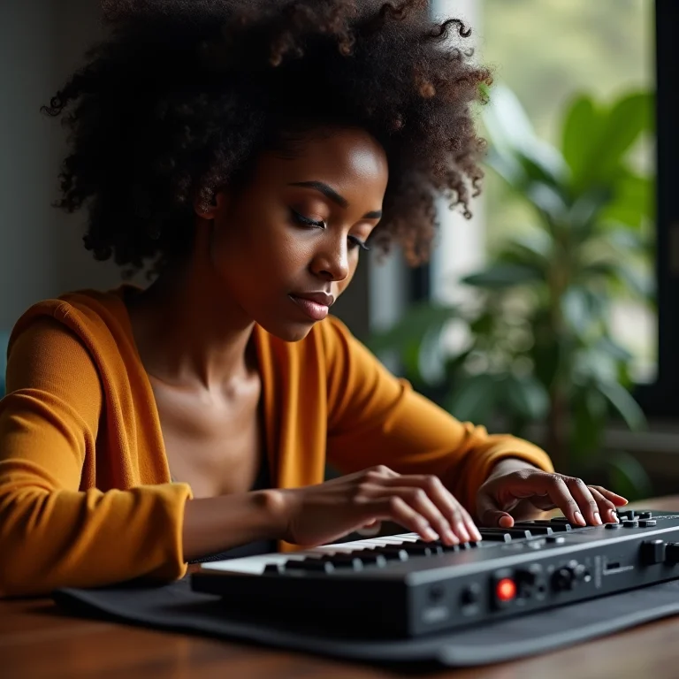 Mulher negra digitando em teclado mecânico