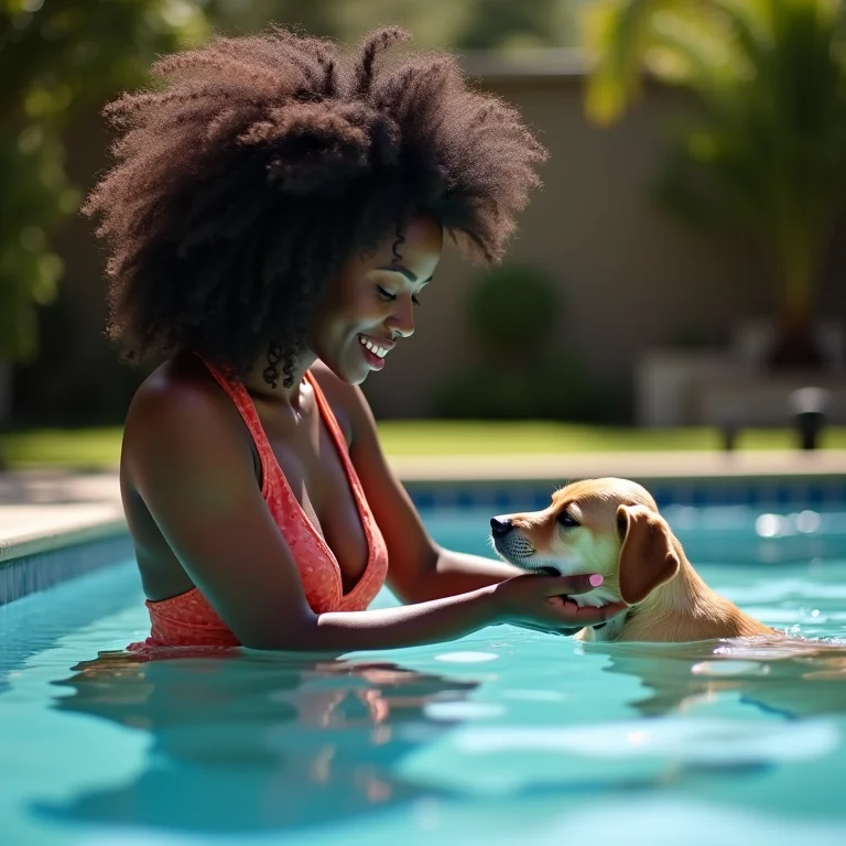 Mulher negra ensinando filhote a entrar na piscina.