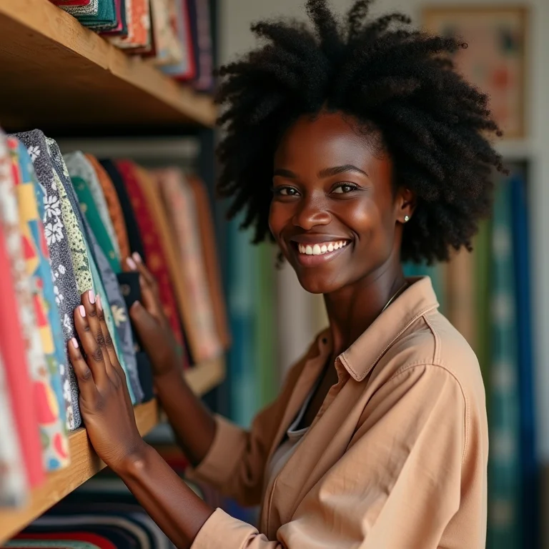 Mulher negra escolhendo tecidos para patchwork.