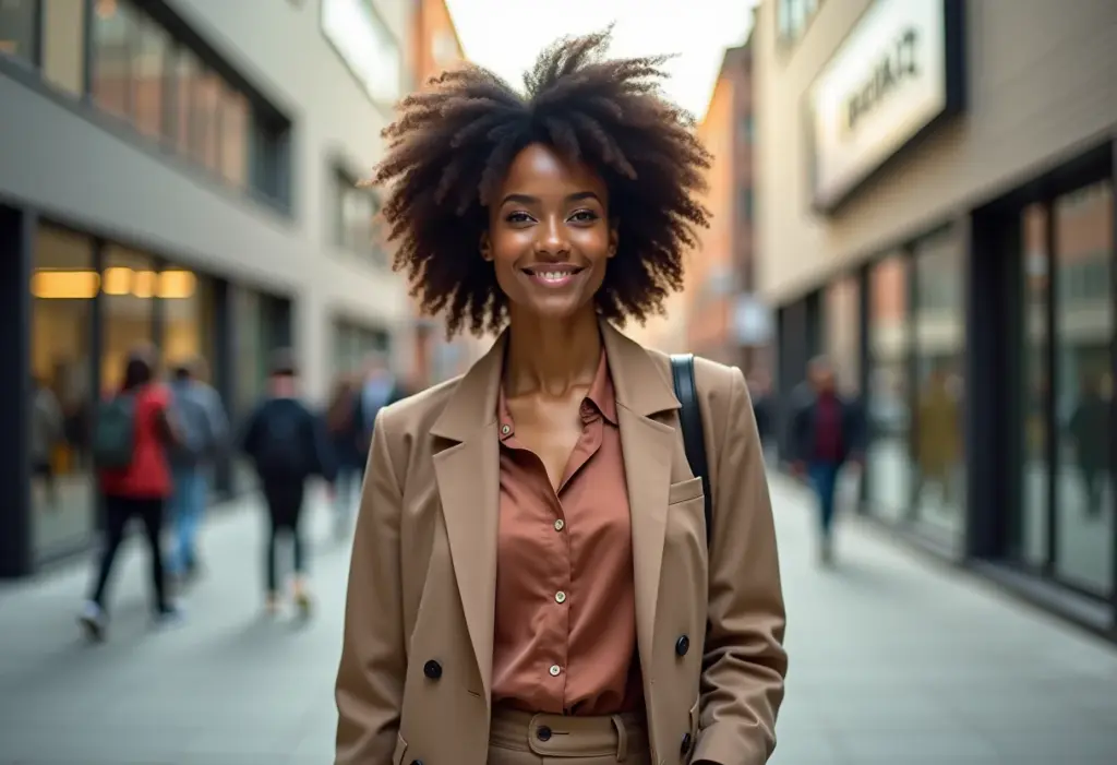 Mulher negra estilosa caminhando na cidade, look profissional moderno.