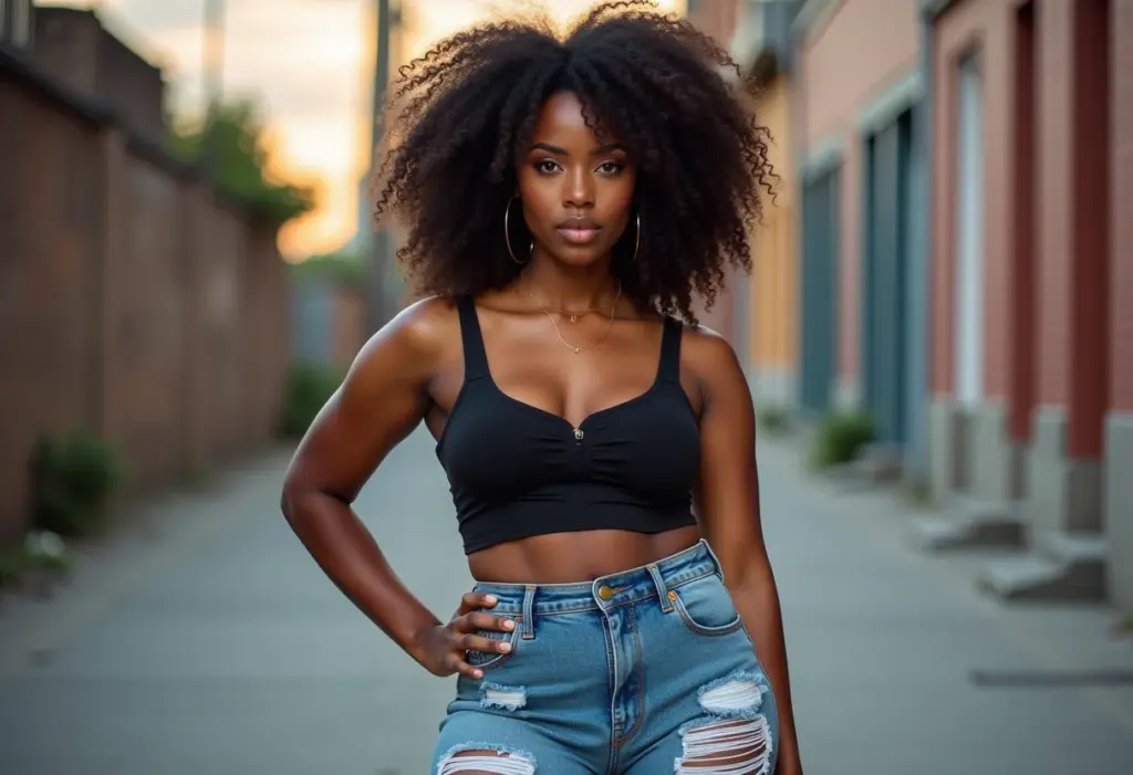 Mulher negra estilosa com calça rasgada