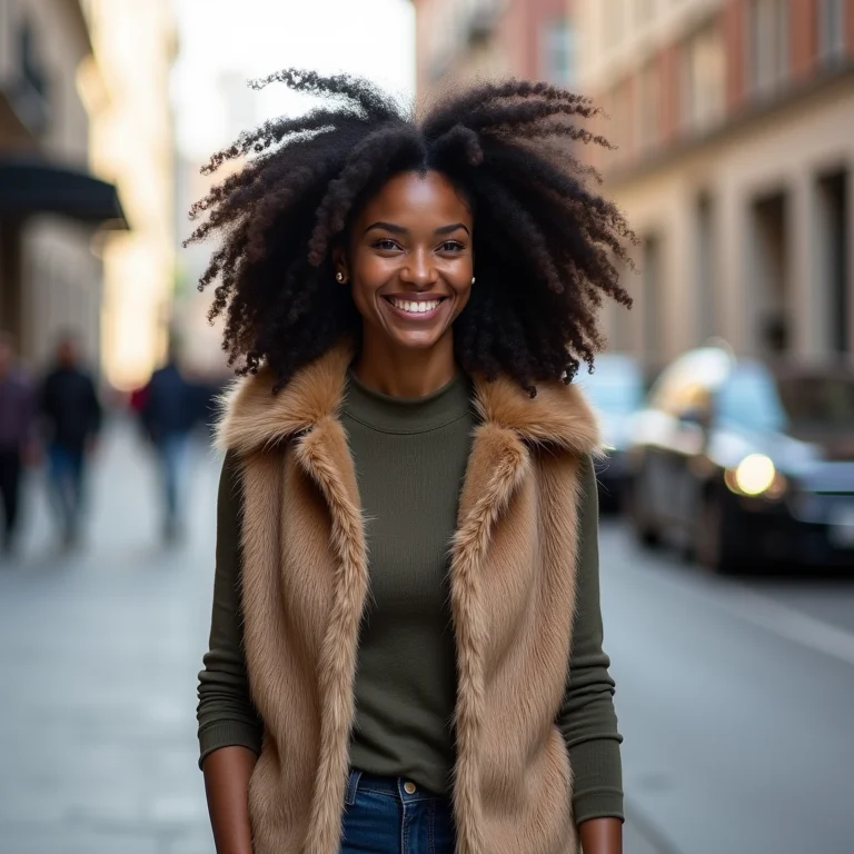 Mulher negra estilosa com colete de pêlo sintético
