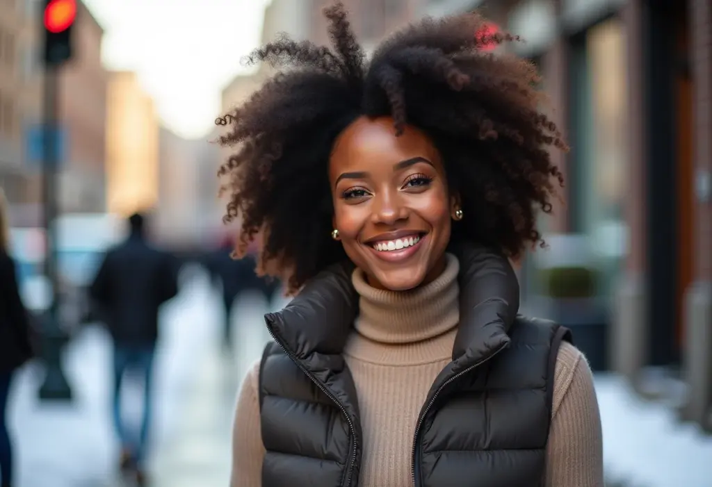 Looks com colete puffer: 5 truques de styling para arrasar no inverno Mulher negra estilosa com colete puffer em cenário urbano de inverno