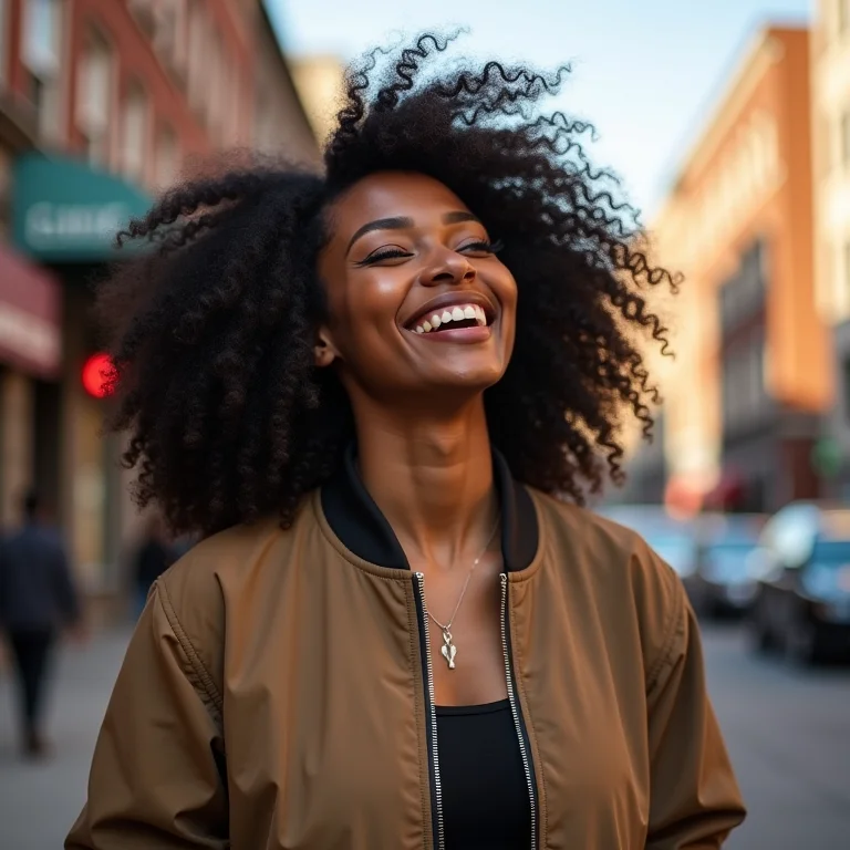 Mulher negra estilosa com jaqueta bomber
