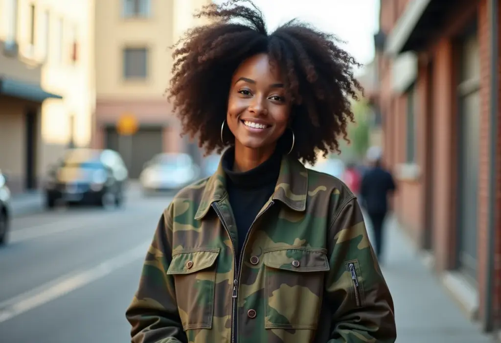 Mulher negra estilosa com jaqueta camuflada