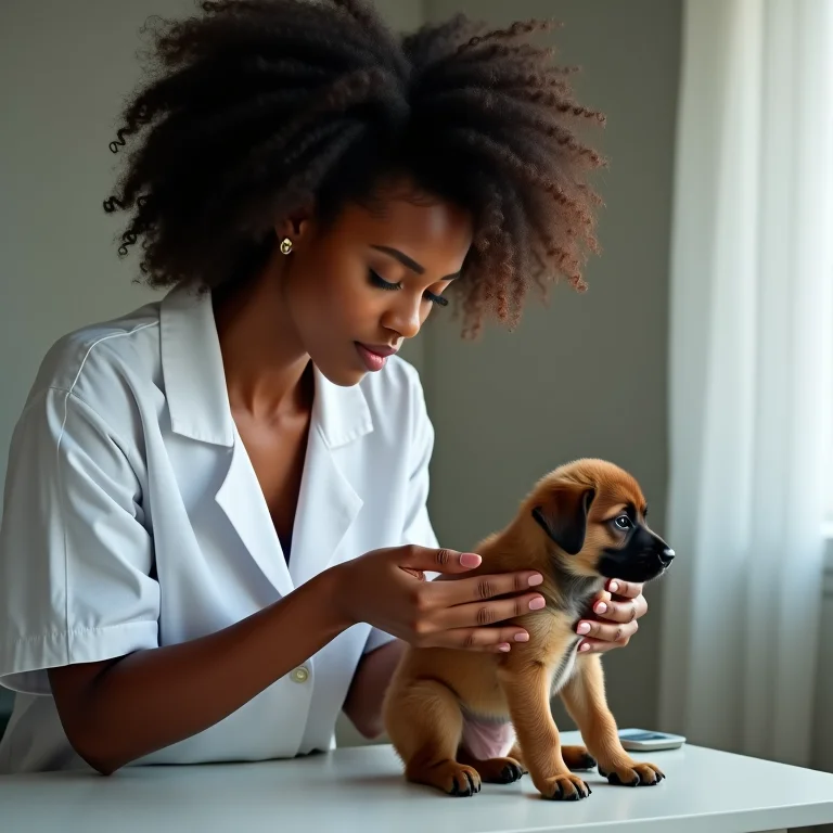 Mulher negra examinando filhote