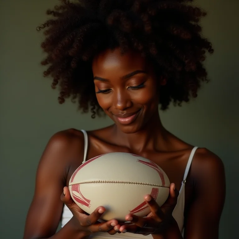 Mulher negra examinando uma bola de rugby.