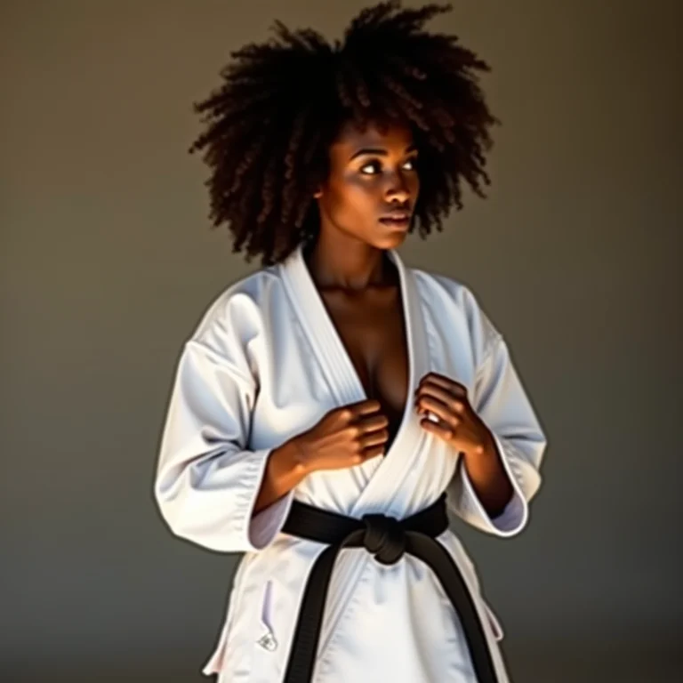 Mulher negra experimentando quimono de karatê