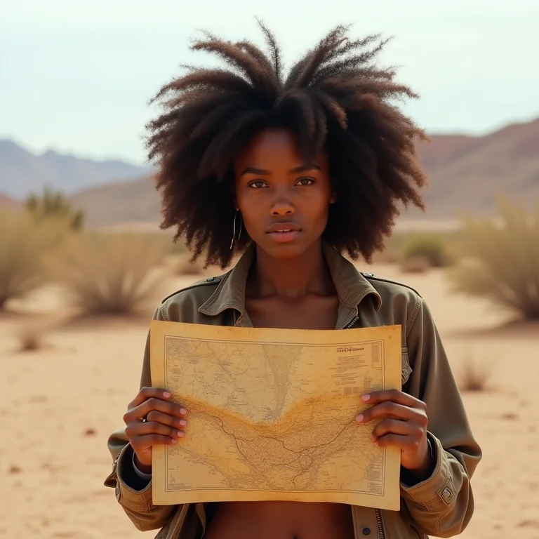 Mulher negra exploradora segurando mapa no deserto