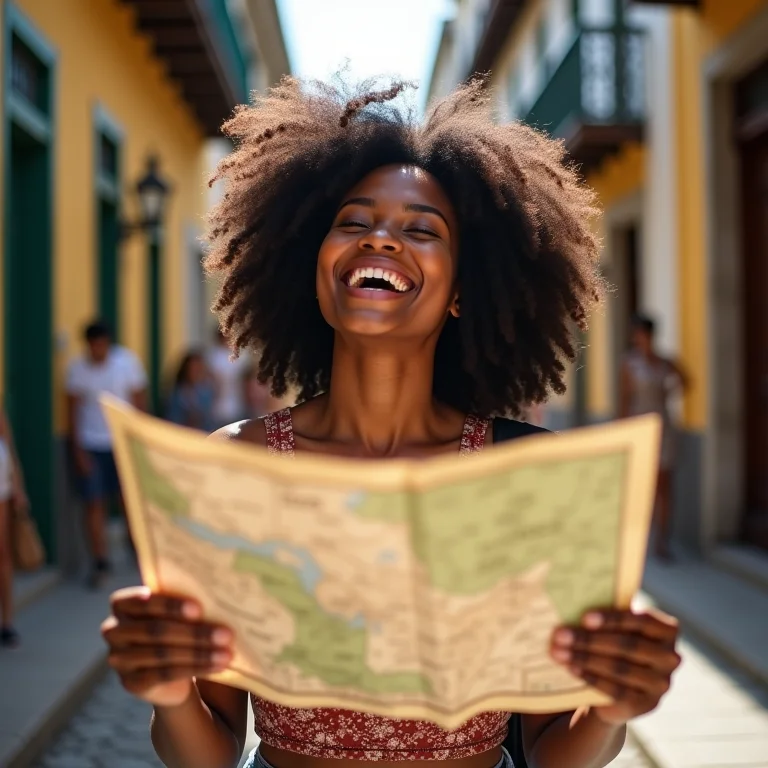 Mulher negra explorando o centro histórico de Porto Seguro