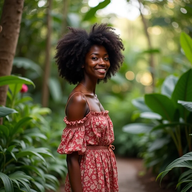 Mulher negra explorando um jardim botânico exuberante em Singapura