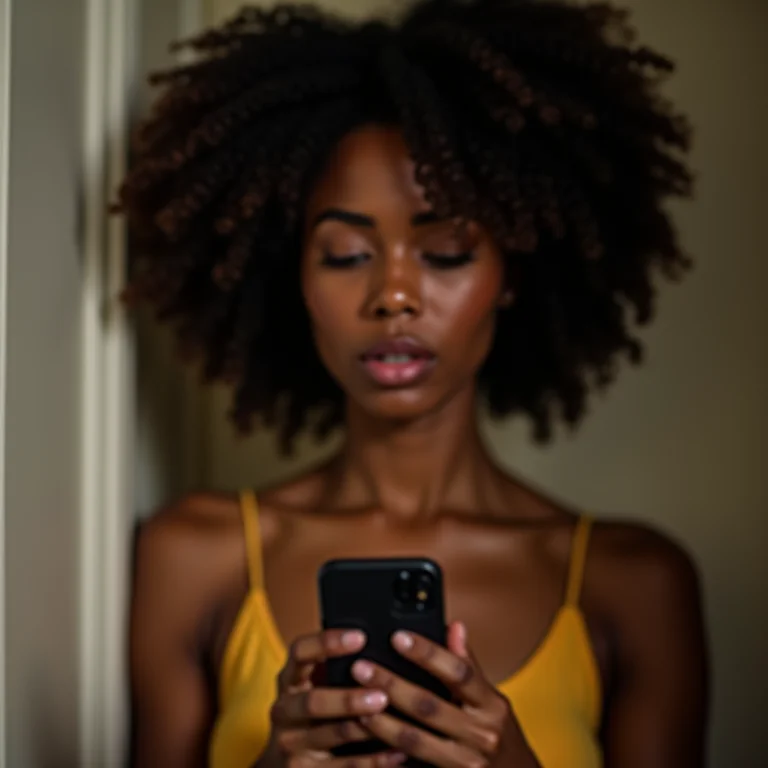 Mulher negra expressando ansiedade ao olhar para a tela do celular, representando o medo do terror online.